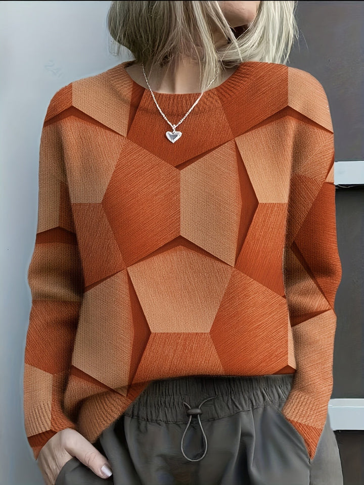 Beata — Sweter Damski z Geometrycznym Nadrukiem i Okrągłym Dekoltem, Moda Lodz