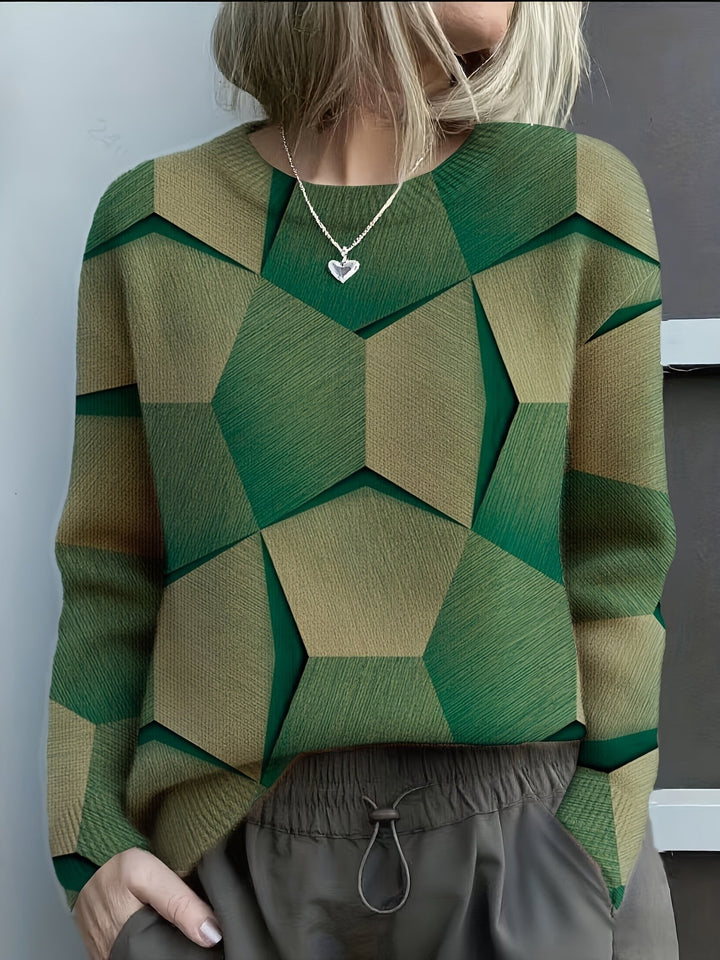 Beata — Sweter Damski z Geometrycznym Nadrukiem i Okrągłym Dekoltem, Moda Lodz