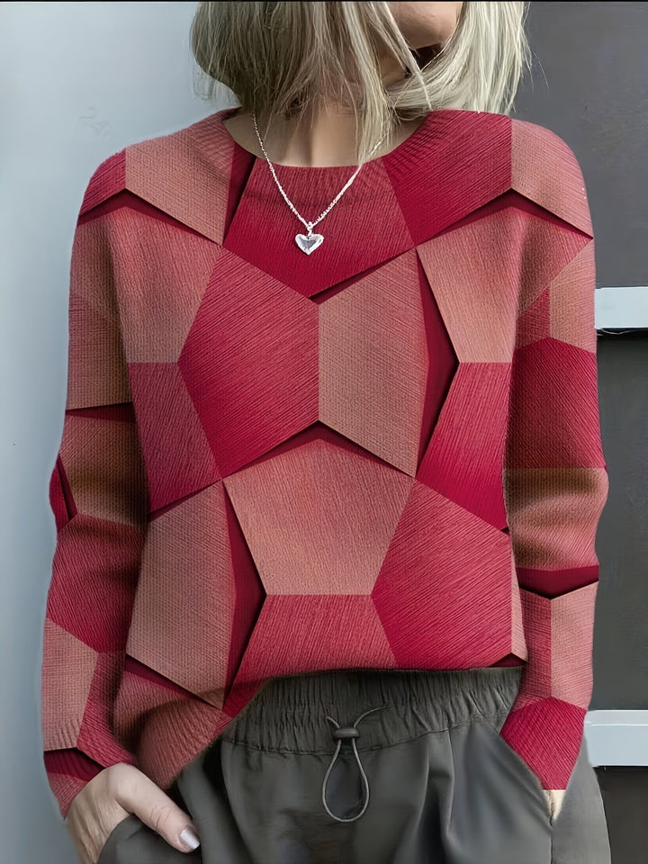 Beata — Sweter Damski z Geometrycznym Nadrukiem i Okrągłym Dekoltem, Moda Lodz