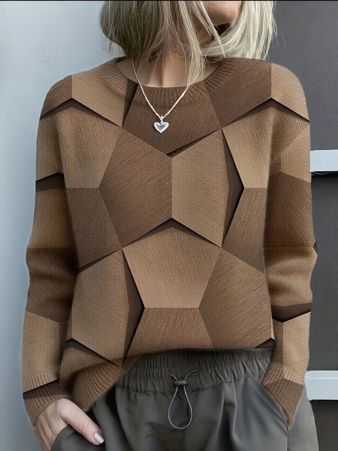 Beata — Sweter Damski z Geometrycznym Nadrukiem i Okrągłym Dekoltem, Moda Lodz