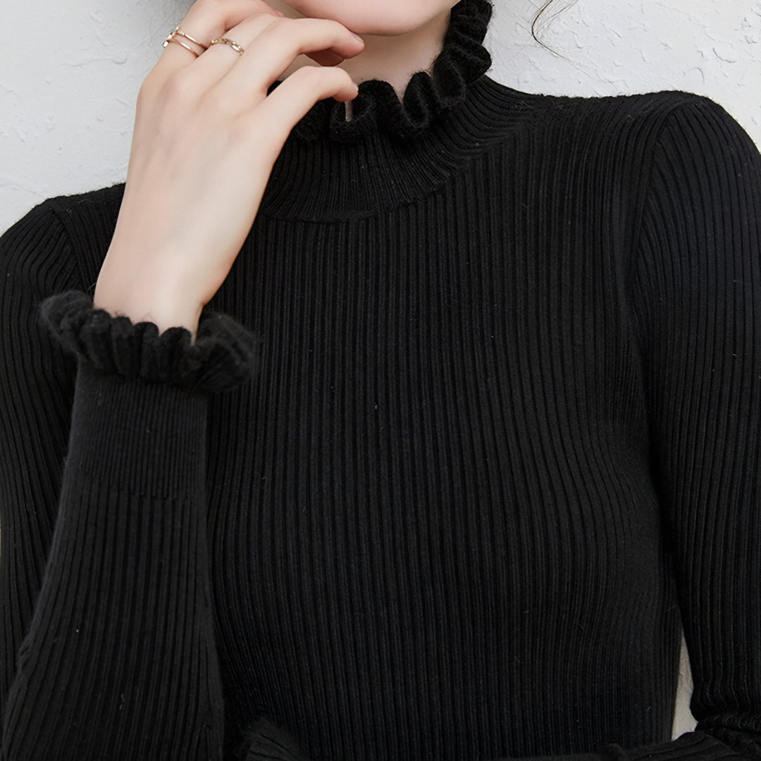 Dorota — Sweter Damski z Półgolfem i Falbankami, Moda Lodz