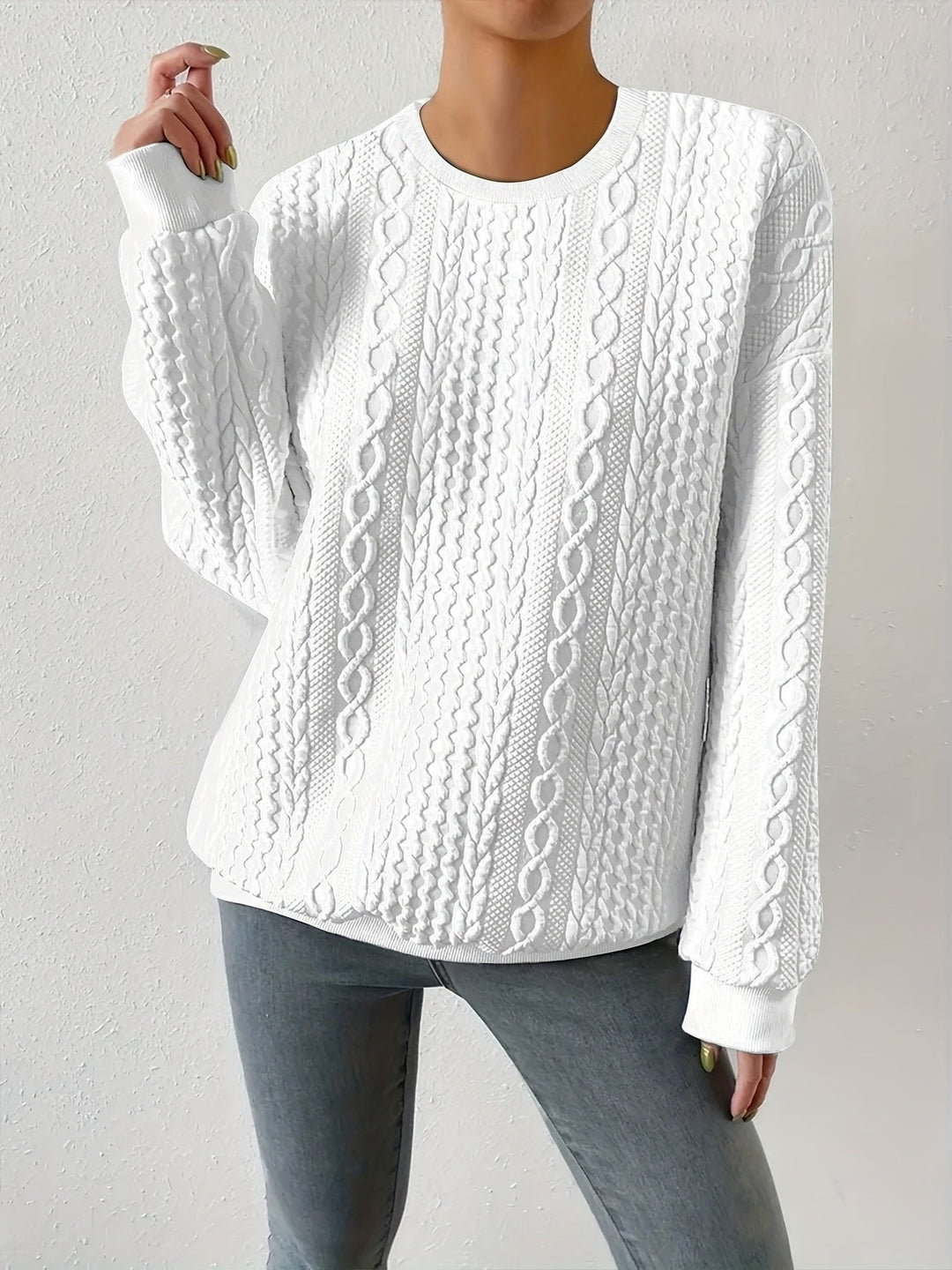 Gabi – Sweter Damski w Warkocze Luźny z Okrągłym Dekoltem