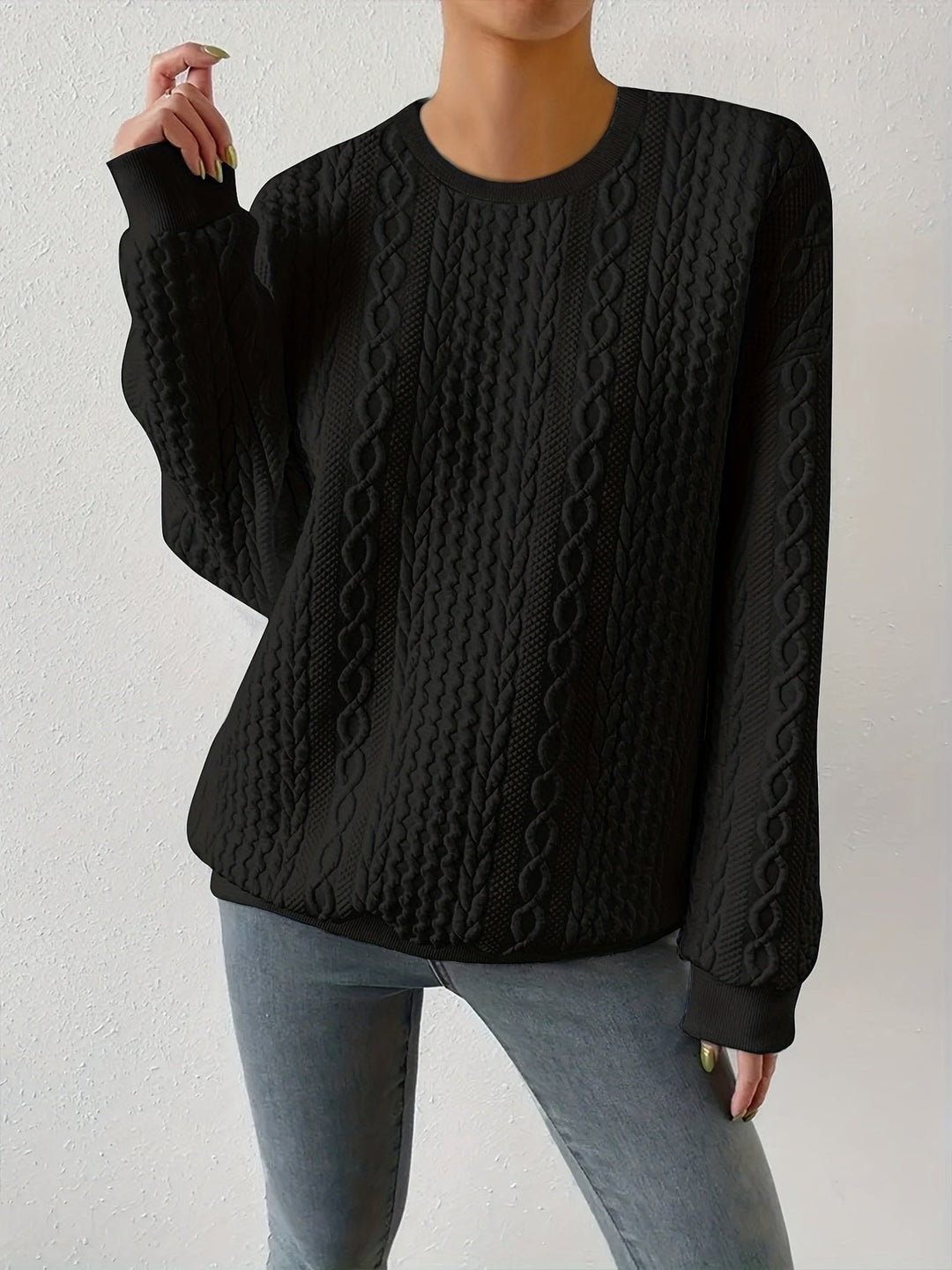Gabi – Sweter Damski w Warkocze Luźny z Okrągłym Dekoltem