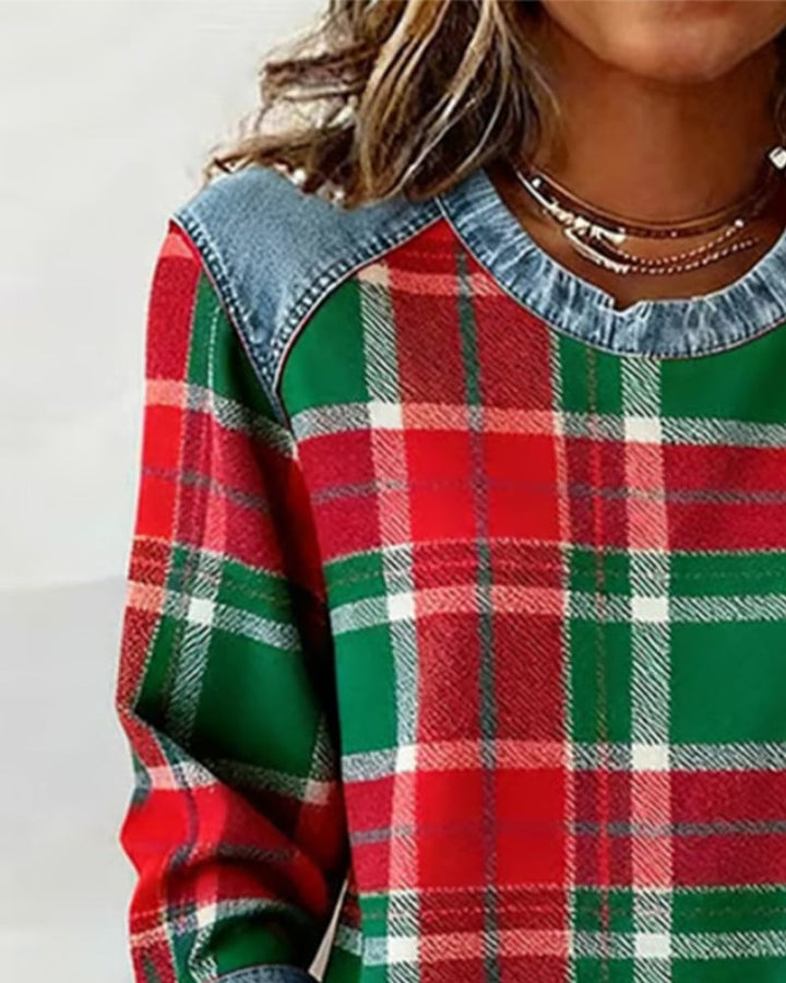 Jowita — Jowita | Stylowa bluza damska w kratę z okrągłym dekoltem, Moda Lodz