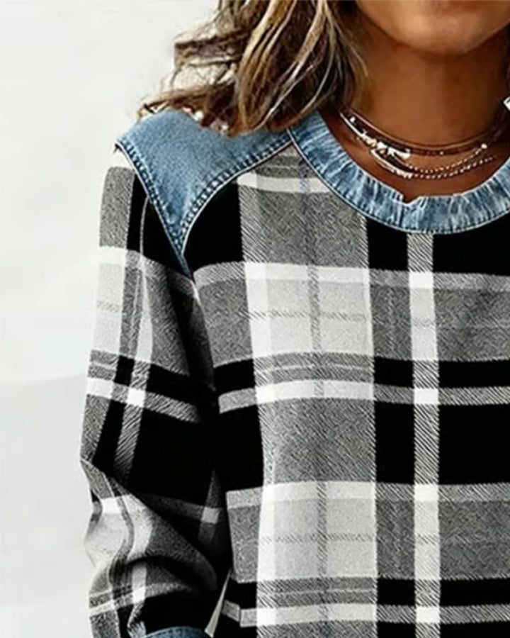 Jowita — Jowita | Stylowa bluza damska w kratę z okrągłym dekoltem, Moda Lodz