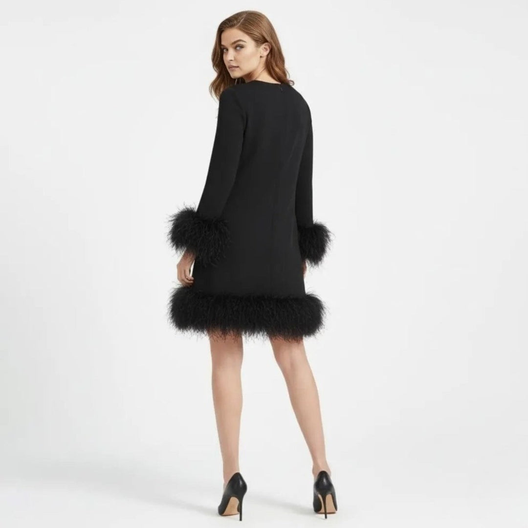 Krystyna — Sukienka na Sylwestra Mini z Piórami i Długim Rękawem, Moda Lodz