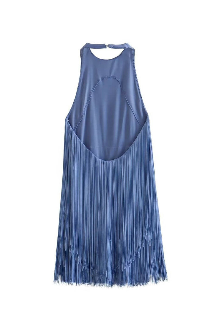 Lucyna — Sukienka z Frędzlami Mini na Sylwestra z Dekoltem Halter, Moda Lodz