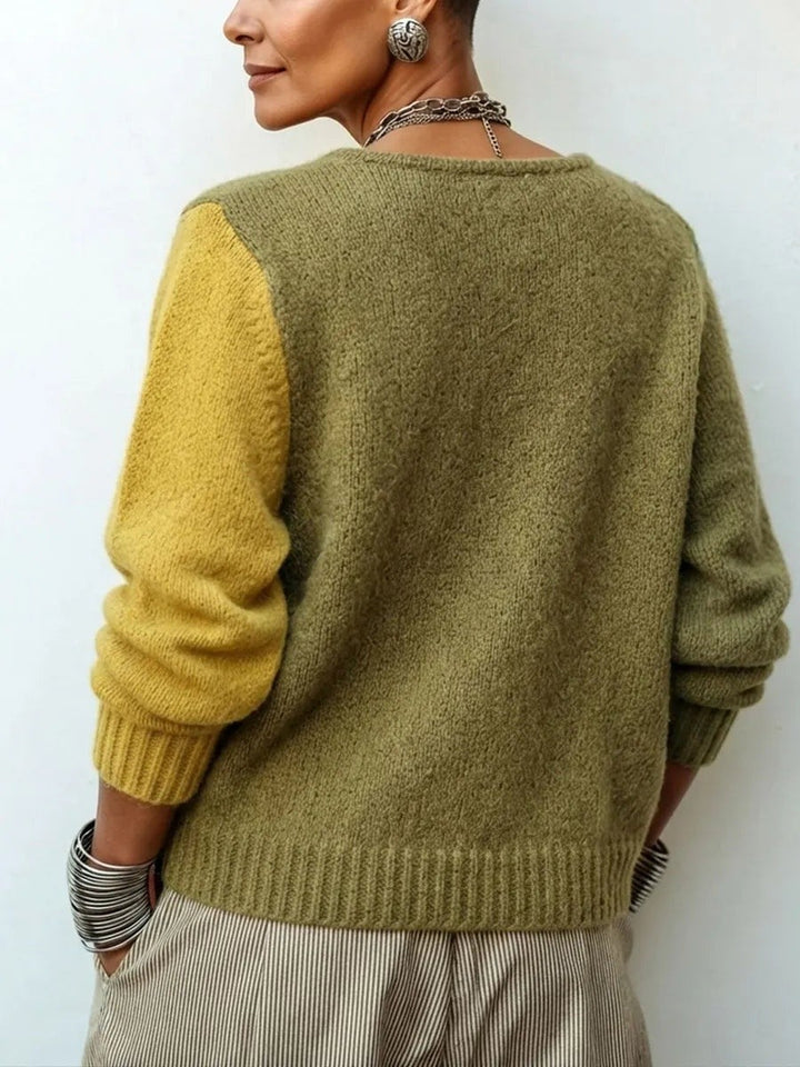 Mirella – Sweter Damski Patchworkowy z Asymetrycznym Zapięciem